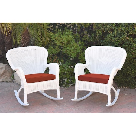 Jeco W00213-R-2-FS018 Windsor White Resin Wicker Rocker Chair with Brick Red Cushion, 2PK W00213-R_2-FS018